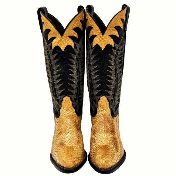 Vintage Tony Lama Exotic Yellow Black Python Snake Cowboy Boots Womens 5 Western - Picture 5 of 15